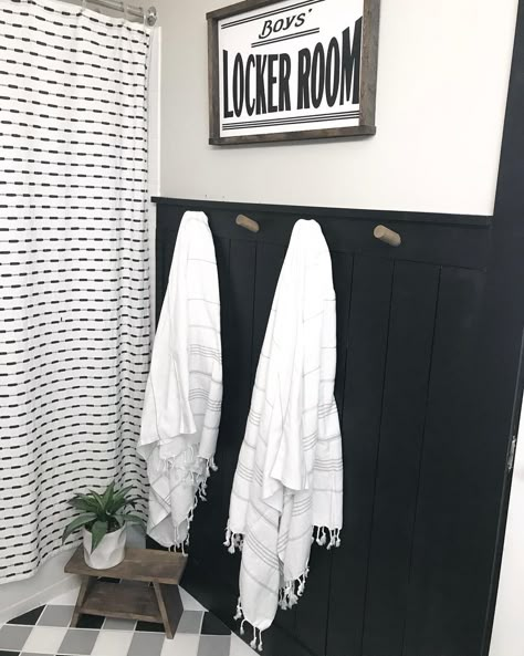 Boys Bathroom Ideas Kid, Teen Boy Bathroom Ideas, Black Board And Batten, Navy And White Kitchen, Boy Bathroom Ideas, Boys Shower Curtain, Board And Batten Wainscoting