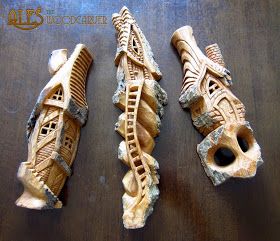 Small whimsical houses done in cottonwood bark, they are between 6'' - 8'' in height: Small Wood Carving Ideas, Small Wood Carving, Wood Carving Ideas, Whimsical Carvings, Bark Carving, Woodcarving Ideas, Whimsical Houses, Wood Bark, New Houses