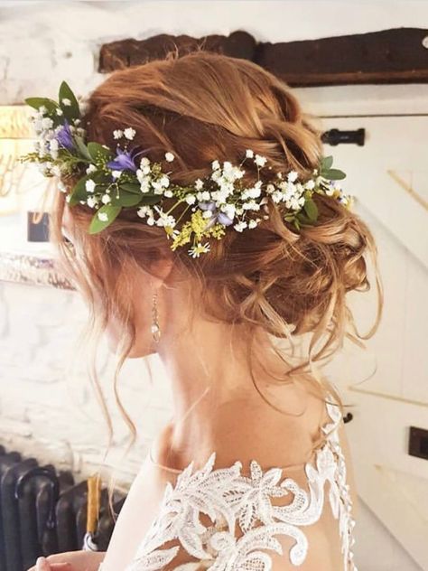 Floral Bride Hairstyles, Updos With Flower Crown, Flower Crown Wedding Updo, Wedding Hairstyles For Short Hair Flower Crown, Bridal Updo Flower Crown, Flower Crown Wedding Hair Updo, Bridal Hair Flowers And Veil, Wedding Hair Flower Crown Veil, July Wedding Hairstyles