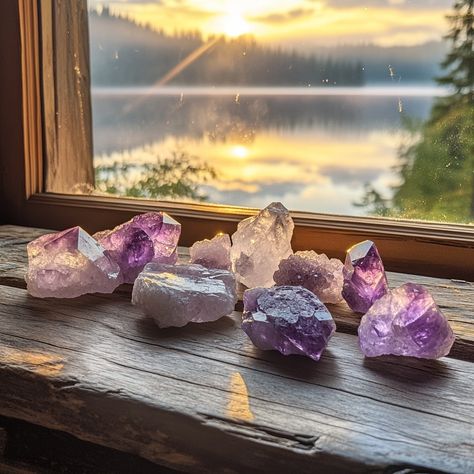 Cabin serenity and crystal energy 🌲🔮 Reflecting on the beauty of nature and the power of amethyst, rose quartz, and clear quartz. #CrystalHealing #NatureInspired #PeacefulRetreat #amethystcrystal #clearquartzcluster #clearquartzcrystal #clearquartz #CrystalMagic #CabinLife #amethyst #CrystalHealing #MindfulMoments Crystal Collection Aesthetic, Amethyst Crystal Aesthetic, Rose Quartz Aesthetic, Amethyst Aesthetic, Crystals Aesthetic, Modern Mystic, Oc Board, Crystals Gems, Crystal Aesthetic