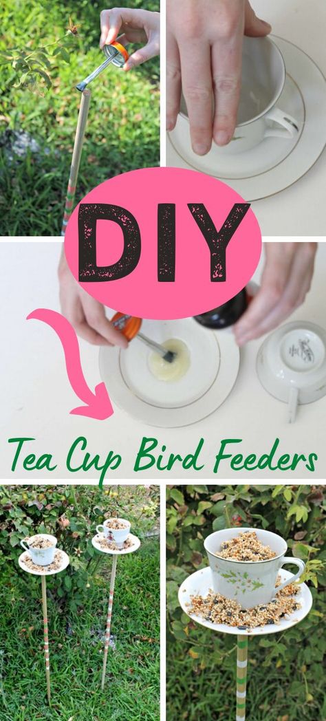 DIY Tea Cup Bird Feeders — CraftBits.com #birdfeeders #recycled #kidscrafts Bird Feeder Tea Cup, Teacup Bird Feeder Diy Teapot Birdhouse, Tea Cup Bird Feeders, Coffee Cup Bird Feeder, Tea Pot Crafts Diy Ideas, Tea Cup Bird Feeder Diy, Cup And Saucer Bird Feeders, Old Tea Cups Ideas, Tea Cup Crafts