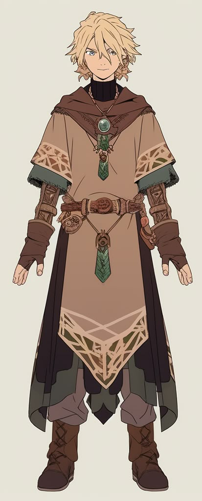 Fantasy Clothes Design Male, Cute Alchemist Character Design, Druid Outfit Art, Dnd Fantasy Outfits Male, Low Level Dnd Characters, Adventurer Outfit Fantasy Male Drawing, Baggy Fantasy Clothes, Fantasy Merchant Outfit, Adventure Outfit Male