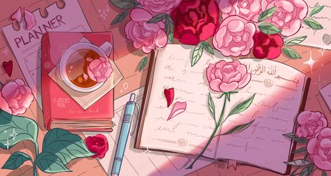 Pink Cartoon Aesthetic Wallpaper, Roses Book, Arte 8 Bits, A Cup Of Tea, Dreamy Art, Commission Art, Cute Backgrounds, Cup Of Tea, الرسومات اللطيفة