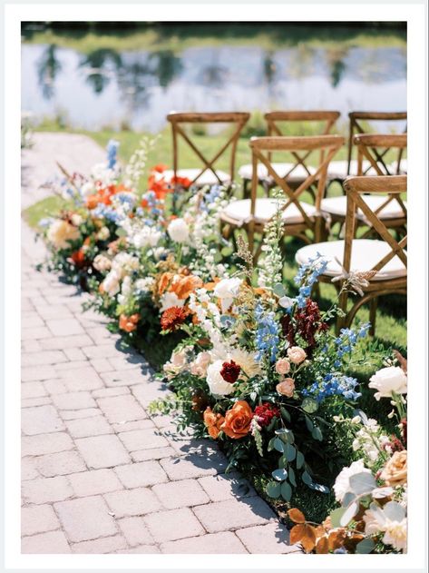 September navy, rust and copper wedding with an outdoor ceremony and indoor reception at River Bottoms Ranch Blue Terracotta Color Schemes Wedding, Navy And Colorful Wedding, September Wedding Arch, Terracotta And Navy Wedding Flowers, September Florals Wedding, River Bottoms Ranch, Navy Blue Terracotta Wedding, Blue Bonnet Wedding, September Wedding Inspiration