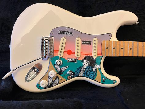 custom guard for fender Stratocaster Pick Guard Design, Painted Pickguard, Guitar Custom Paint, Pickguard Art, The Sandman Comic, Electric Guitar Art, Custom Bass Guitar, Sandman Comic, Guitar Artwork