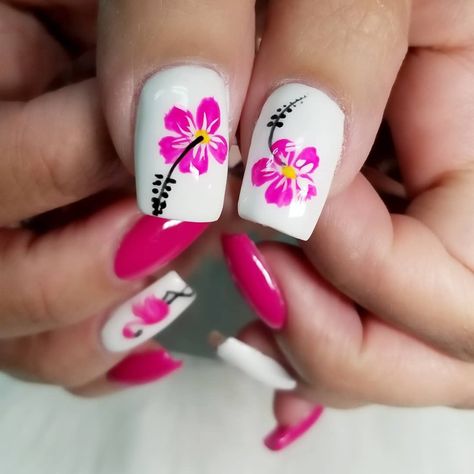 Pink nails. Hawaiian nails Hawaii Design Nails, Acrylic Nails With Hawaiian Flower, Aloha Nails Hawaiian Flowers, Nail Ideas Hawaii Flower, White Nails With Hawaiian Flower, Hawaiian Flower Nails Coffin, Hawaii Nail Designs Hawaiian Flowers, Hawaiian Nails Acrylic, Nails For Hawaii Vacation