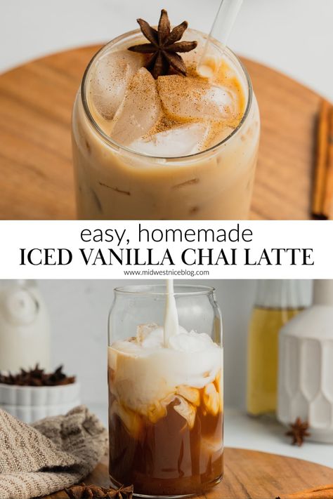 Tazo Chai Tea Latte Recipe, Chai Latte Mix Recipe, Vanilla Chai Tea Latte Recipe, Vanilla Chai Latte Recipe, Chia Tea Recipe, Chia Tea Latte Recipe, Homemade Chai Latte, Iced Chai Latte Recipe, Vanilla Simple Syrup