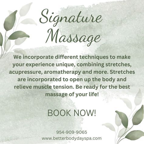 Our signature massage provides relief for chronic tension and treat various physical ailments. Our trained massage therapist use fingers, thumbs, fist, elbows and forearms to help penetrate the tight areas of the body. Book today by giving us a call at 954-909-9065! Small Business Promotion Ideas, Massage Flyer, Massage Prices, Promotion Ideas, Spa Marketing, Therapy Techniques, Easter Poster, Massage Therapy Techniques, Promote Small Business