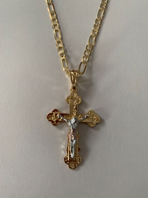 Gold Plated Jesus Crucifix Cross Mexican Jewelry, Jesus Cross, Jewelry Accessories Ideas, Body Jewelry Piercing, Dope Jewelry, Figaro Chain, Jewelry Fashion Trends, Classy Jewelry, Stacked Jewelry