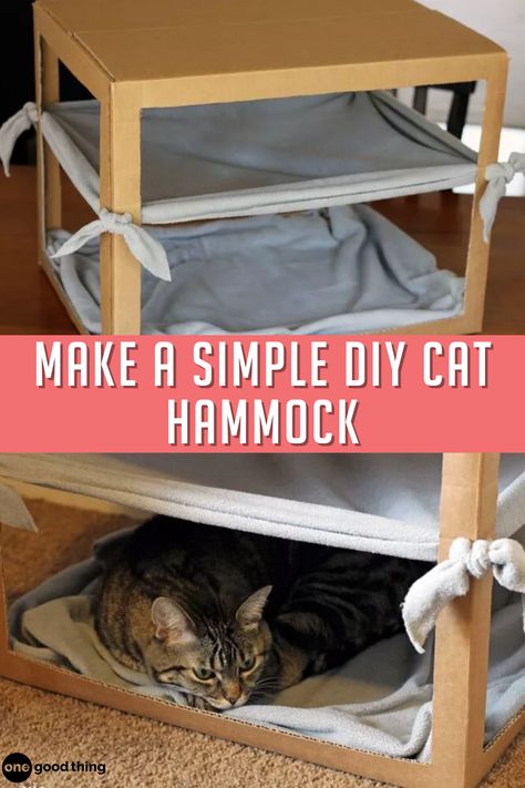 This easy and inexpensive hammock will soon be your cat's favorite place to lounge! Diy Cat Hammock Easy, Cat Hammock Diy, Hammock Diy, Diy Cat Hammock, Relaxing Things To Do, Remove Pet Stains, Diy Cat Tree, Cat Pee, Cat Trees