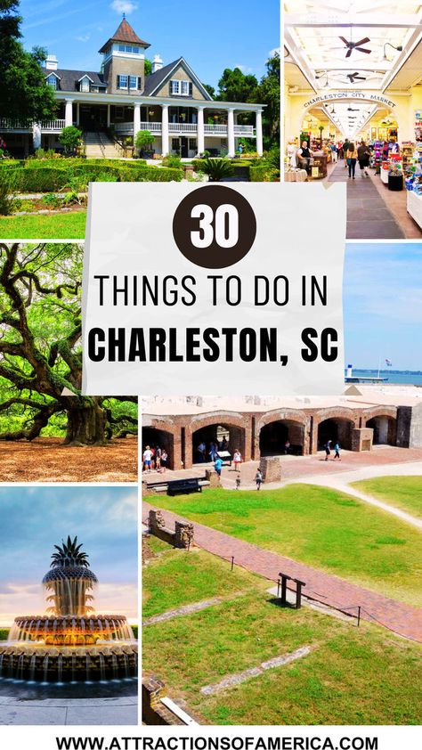 30 things to do in Charleston, SC with images of Charleston City Market, Fort Sumter National Monument, Waterfront Park. Charleston Downtown, Charleston Things To Do, Charleston Travel Guide, Charleston Vacation, South Carolina Travel, Fort Sumter, Charleston Travel, Sullivans Island, Tourist Sites