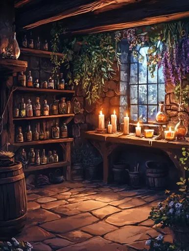 ↑↑↑ Larger size on website 🔸 A dimly lit stone room with wooden shelves overflowing with potion bottles, illuminated by candlelig Potion Shop Aesthetic, Dimly Lit Room, Potion Bottles Aesthetic, Fantasy Apothecary, Witch Cottage Interior, Potion Station, Potion Room, Witches Room, Stone Room