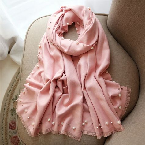 "Scarfs" ~~Rosario Contreras~~ Print Scarf Design, Shawl Fashion, Embroidery Scarf, Hijab Style Tutorial, Elegant Scarves, Cashmere Pashmina, Scarf Women Fashion, Scarf For Women, Pink Solid