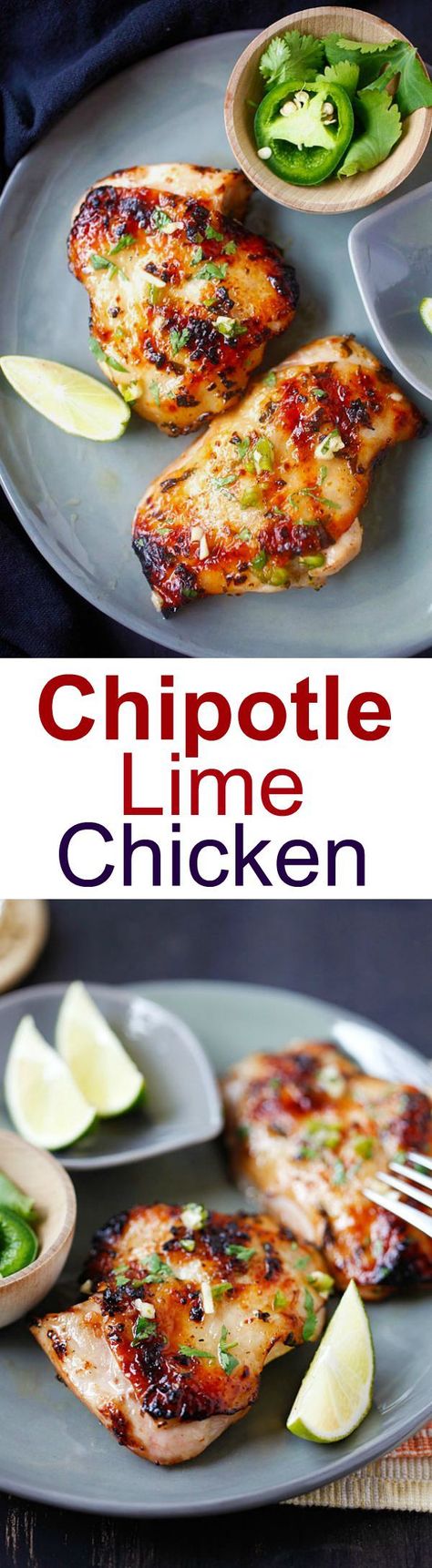 Chipotle Lime Chicken – ridiculously delicious and juicy grilled chicken recipe with chipotle chili, lime juice, garlic and cilantro! | http://rasamalaysia.com Lime Grilled Chicken, Chipotle Lime Chicken, Juicy Grilled Chicken, Grilled Chicken Recipe, Chicken Crispy, Chicken Grilled, Chipotle Chili, Rasa Malaysia, Chicken Easy