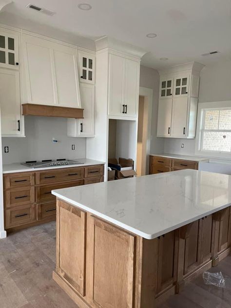 Kitchen Cabinets Wood On Bottom White On Top, Wood Bottom White Top Cabinets, Stain And Painted Cabinets, Wood Cabinets With Concrete Floors, Double Upper Cabinets, Before And After Honey Oak Cabinets, Custom Kitchen Design, Front Kitchen Design, White Kitchen Appliances Wood Cabinets