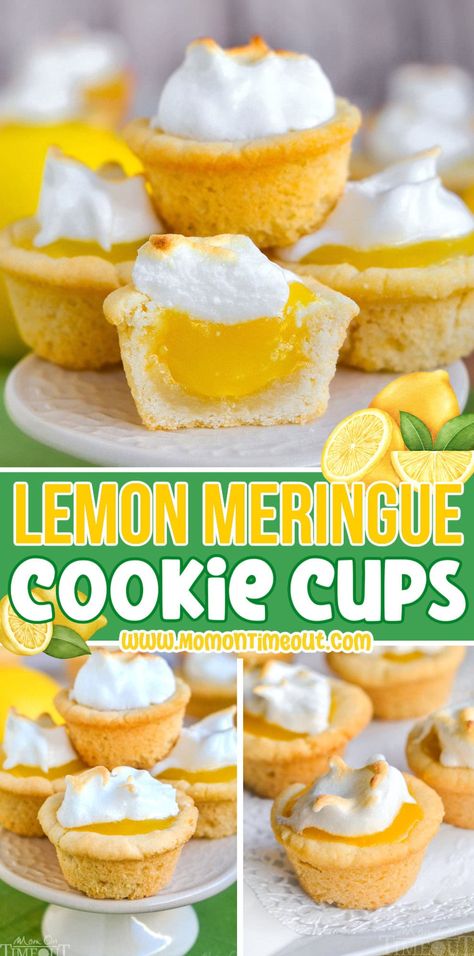 These Lemon Meringue Cookie Cups are absolutely delightful with the perfect combination of sweet and tart! They feature a sugar cookie cup, homemade lemon curd filling, and a light, fluffy meringue topping - the perfect sunshine-filled treat for lemon lovers! | MomOnTimeout.com Tart Lemon Curd, Lemon Meringue Cookies, Meringue Cookie, Sugar Cookie Cups, Cookie Cups Recipe, Curd Filling, Lemon Curd Filling, Meringue Cookies, Cookie Cups