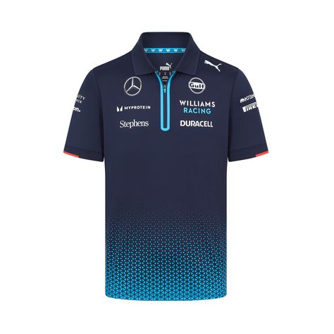 The official 2024 Williams Racing Team Polo with zip placket collar. Features the same gradient print seen throughout the 2024 Team collection, alongside all the official team and sponsor branding from the 2024 Formula 1® season.. Visit our page to learn more about our navy PUMA Williams Racing 2024 Team Polo Shirt Men, Dark Blue, size XS. Williams Racing, Corporate Shirts, Team Liquid, Polo Team, Sports Jersey Design, Gradient Print, Polo Shirt Design, Polo Design, Zip Puller