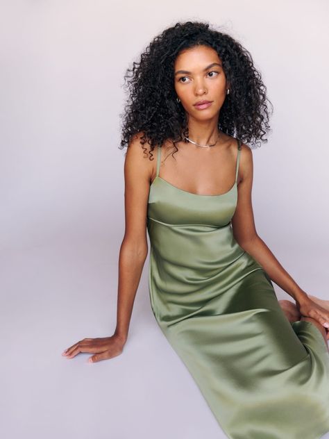 Wedding Guest Dresses - Dresses for Weddings | Reformation Slip Midi Dress, Trumpet Skirt, Green Bridesmaid, Green Bridesmaid Dresses, Silky Dress, Full Length Dress, Reformation Dresses, Silk Midi Dress, Silk Charmeuse