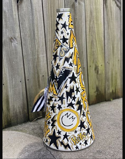 Decorated Megaphone Cheer, Cheerleading Megaphone Decorating Ideas, Megaphone Decorating Ideas, Cheer Megaphone Designs Ideas, Mega Phone, Cheerleading Megaphones, Cheer Megaphone, Cheer Stuff, Cheer Squad