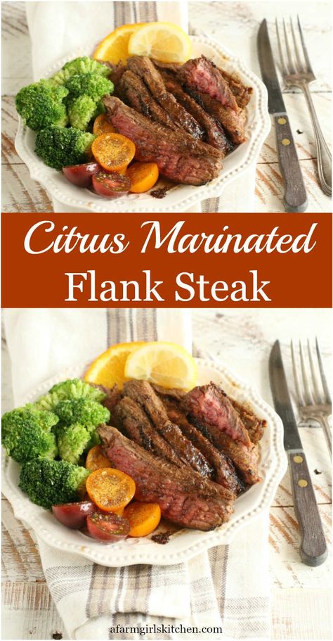 Citrus and Garlic Marinated Flank Steak is marinated for hours, giving it plenty of flavor and helping tenderize an inexpensive cut of beef. This citrus marinade for steak is perfect for grilling or can be cooked on in a cast iron skillet.  #flanksteak #flanksteakmarinade #marinade #steakmarinade #easyrecipe #grillingrecipes Flanksteak Marinade, Marinade For Steak, Flank Steak Marinade, Steak Marinades, Marinade Flank Steak, Flank Steak Tacos, Steak Dinner Sides, Citrus Marinade, Steak Marinade Recipes