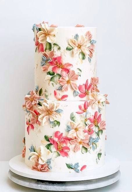 Blue Floral Wedding Cake, Peach Wedding Cake, 2 Tier Wedding Cakes, Wedding Cake Design, Blue Floral Wedding, White Buttercream, Flowers Unique, Floral Wedding Cake, Dream Wedding Decorations