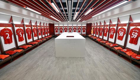 Soccer Locker, Anfield Stadium, Sports Locker, Sport Bar, Room Storage Diy, Basement Gym, Football Themes, Changing Room, Dressing Room Design