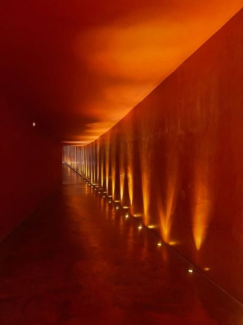 Red Hallway, Atmospheric Lighting, Jazz Cafe, Nightclub Design, Jazz Bar, Long Hallway, Orange Aesthetic, Orange Orange, Red Walls