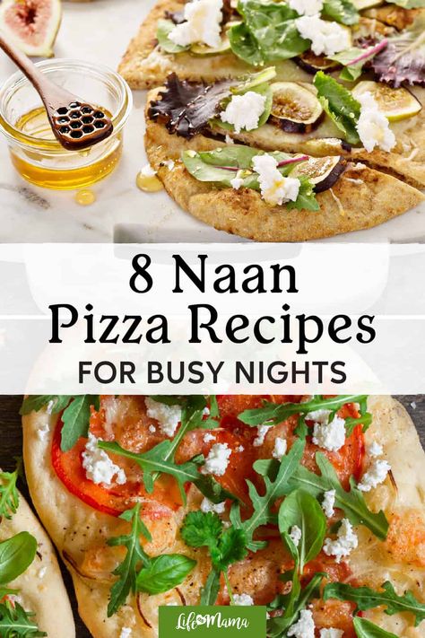 What's better than an easy and healthy pizza recipe? We can't think of too many things! Try out these amazing naan pizza recipes for busy nights. Tastes like a treat, but your body will thank you! | #lifeasmama #naan #naanpizza #pizza #recipes #healthyrecipes #food #foodhacks Nan Pizza Recipes, Nana Pizza, Dessert Naan, Nan Pizza, Naan Pizzas, Healthy Tricks, Pita Flatbread, Naan Bread Pizza, Naan Pizza Recipes