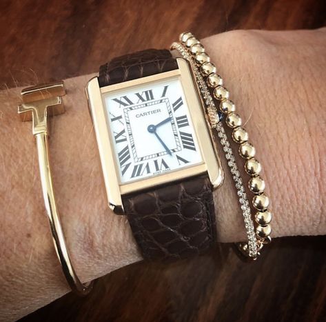 Cartier Tank Stack, Cartier Stack, Bracelet Layering, Wrist Stacks, Best Tote Bags, Womens Jewellery, Wrist Candy, Cartier Tank, Earring Trends