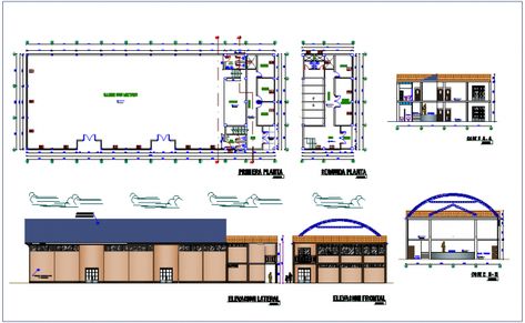 Floor plan with elevation and section view of community center dwg file Floor Plan With Elevation, Plan With Elevation, Multi Purpose Room, Cafeteria Plan, Auditorium Design, Meeting Hall, Town Planning, Multipurpose Hall, Hall Flooring