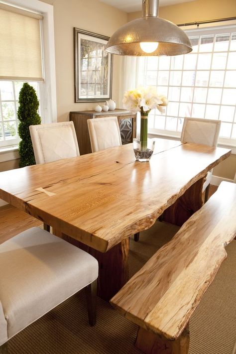 modern rustic dining room Raw Edge Table Dining Rooms, Modern Wood Dining Set, Live Edge Dining Table Light Wood, Unfinished Wood Dining Table, Dining Room With Live Edge Table, Barnwood Dining Room Table, Wood Table Chair Ideas, Raw Edged Table, Rustic Dining Table With Bench