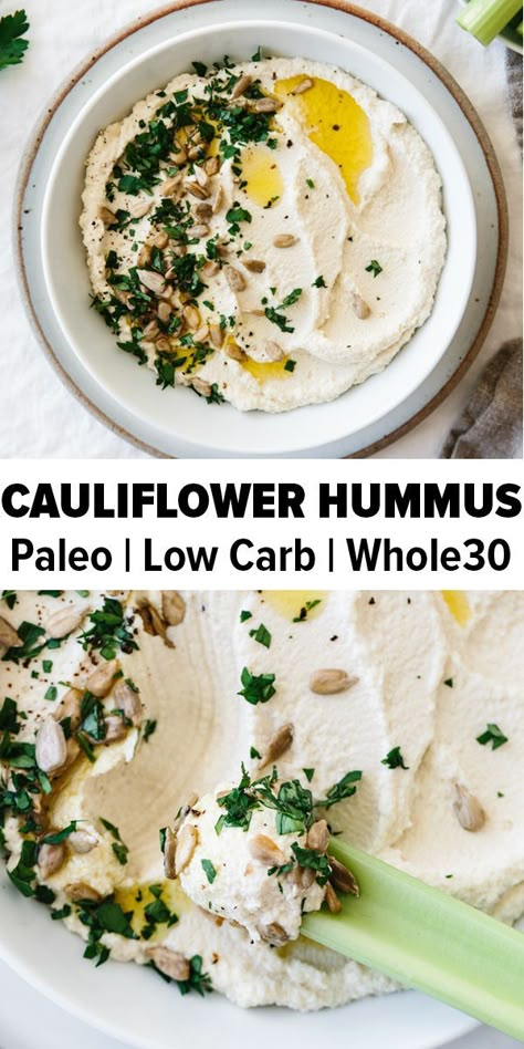 Roasted cauliflower hummus is a delicious chickpea-free version of hummus that's low-carb, keto, paleo and Whole30 friendly. It's a delicious healthy appetizer recipe. #hummus #lowcarb #keto #whole30recipes Roasted Cauliflower Hummus, Low Carb Hummus, Recipe Hummus, Hummus Appetizers, Cauliflower Hummus, Healthy Appetizer, Healthy Appetizer Recipes, Plant Paradox, Hummus Recipe