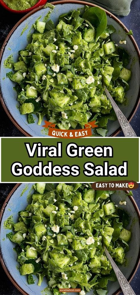 This Tik Tok Green Goddess Salad combines crunchy green veggies with a to-die-for vegan green goddess salad dressing! It lives up to the hype! Vegan Green Goddess, Goddess Salad Dressing, Green Goddess Salad Recipe, Green Goddess Salad Dressing, Green Goddess Salad, Goddess Salad, Romaine Salad, Keto Salad, Green Goddess Dressing