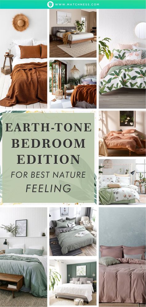 Let your bedroom decoration has a neutral touch with the earth-tone theme to make you realize how wonderful this world is. There are some things that you can apply to have the earth-tone theme as we have here. #earthtonebedroom #bedroomdecor #naturalbedroom Earth Element Bedroom, Earth Tone Bedding Grey, Bed Earth Tones, Earth Tone Bedsheets, Earth Ton Bedding, Earth Tones Bedroom Decor, Earth Tone Bedroom, Earthy Home Decor, Natural Bedroom