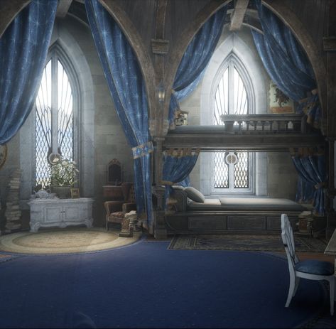 Hogwarts Ravenclaw Dorm, Ravenclaw Dorm Room Shifting, Ravenclaw Dorm Aesthetic, Ravenclaw Common Room Bedrooms, Ravenclaw Dorm Room, Ravenclaw Bedroom Aesthetic, Ravenclaw Room Ideas, Ravenclaw Dormitory, Wizard Bedroom