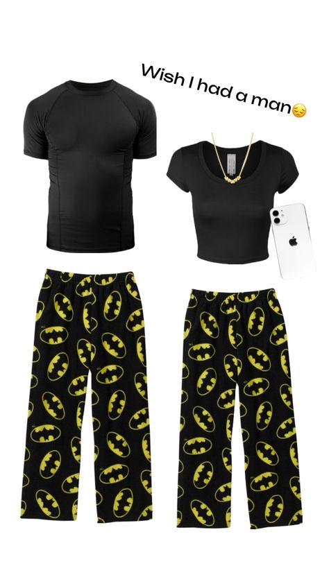 Matching Couple Outfits Pajamas, Matching Relationship Outfits, Matching Pjs With Bf, Couple Pjs Matching Aesthetic, Christmas Bitmoji Outfits Couples, Matching Pjs For Couples Black People, Matching Batman Pajamas, Bf And Gf Matching Pjs, All Black Matching Couple Outfits