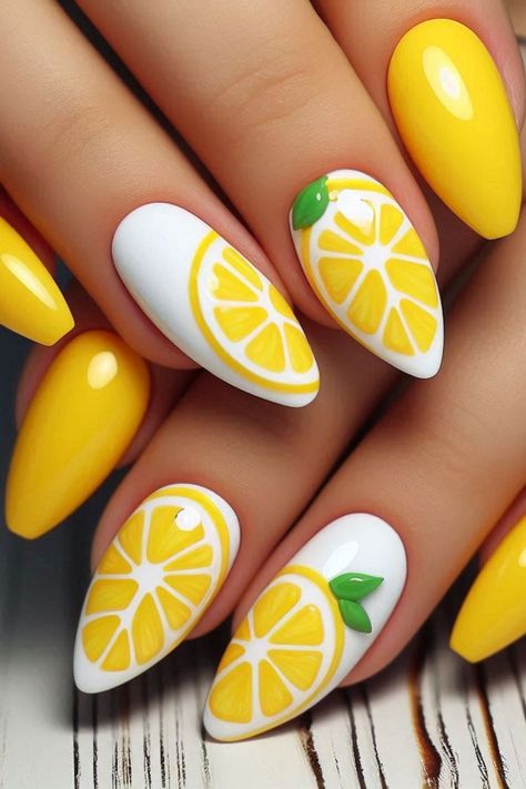 33 Fruit Nail Art Ideas for Summer Fun 2024 Citrus Fruit Nails, Citrus Nail Art, Fruit Themed Nails, Cute Summer Nails 2024, Lemon Nail Designs, Fruit Nails Design, Cheese Nails, Lemon Nails Designs, Fruit Nail Ideas