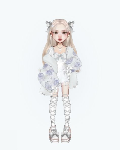 Everskies, doll, pixel, outfit, idea, coquette, idea Blue Everskies, White Stage Outfits, Everskies Outfits, Aesthetic Fits, Virtual Fashion, Bratz Doll, Ethereal Art, Performance Outfit, Stage Outfits