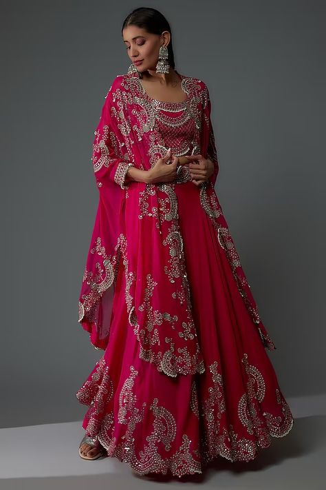 Fuchsia Silk Hand Embroidered Jacket Lehenga Set Design by Nupur Kanoi at Pernia's Pop Up Shop 2023 Nupur Kanoi, Jacket Lehenga, Cape Set, Embroidered Cape, Ritu Kumar, Indian Fashion Designers, Pernia Pop Up Shop, Silhouette Crafts, Embroidered Jacket