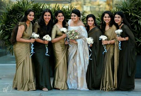 South Indian Bridesmaids Saree, Bridesmaid Saree Color Schemes, South Indian Bridesmaids Outfits, Indian Bridesmaids Saree, Skin Tone Dress Color, Bridesmaid Saree Indian, South Indian Bridesmaids, Sri Lankan Saree, Bridesmaids Shoot