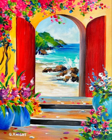 Mexico Aesthetic Paintings, Mexican Acrylic Painting, Mexico Painting Easy, Mexico Painting Ideas, Mexican Paintings Ideas Easy, Mediterranean Mural, Mexican Paintings Ideas, Mexican Murals, Tropical Color Palette