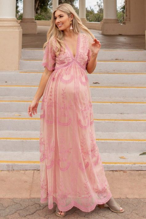 973a5f0ccbc4ee3524ccf035d35b284bdesc39354756ri Pink Maternity Maxi Dress, Pink Baby Shower Dress, Pink Maternity Dress, Short Bell Sleeves, Maternity Dresses For Baby Shower, Baby Shower Dress, Shower Outfits, Maternity Maxi Dress, Cute Maternity