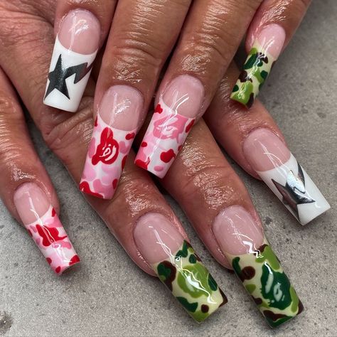 bape camo frenchies 😙🙈💅🏽 | Instagram Acrylic Nail Designs Coffin, Bape Camo, Camo Nails, Hippie Nails, Ombre Acrylic Nails, Nails Now, Simple Acrylic Nails, French Acrylic Nails, Long Square Acrylic Nails