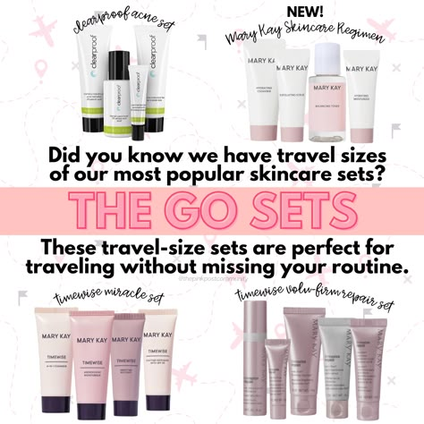 These 'Go Sets' are perfect for keeping your skin glowing on the go! ✈️✨   Which set are you taking on your next adventure?  Tell us in the comments! 🌍💼  #MaryKayWithCatharine #skincare #makeup Mary Kay To Go Set, Mary Kay Travel Sets, Mary Kay Best Sellers, Mary Kay Miracle Set, Mary Kay Starter Kit, Mary Kay Display, Mary Kay Flyers, Clearproof Mary Kay, Mary Kay Printables