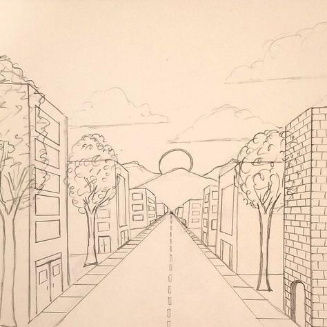 2 Point Perspective Drawing Ideas, One Way Perspective Drawing, Perspective Art Drawing, City In Perspective Drawing, Landscape Design Perspective, Street Perspective Drawing, Street Drawing Simple, Perspective Painting Ideas, On Point Perspective