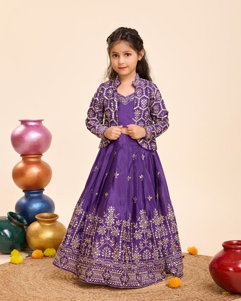 Purple Floor-length Sequined Sharara, Kids Lengha Choli, Indowestern Dresses For Kids Girl, Lehenga Choli For Kids Girl, Girls Ethnic Wear Indian Children, Kids Purple Lehenga, Lengha Choli, Pakistani Dresses, Blouse Designs