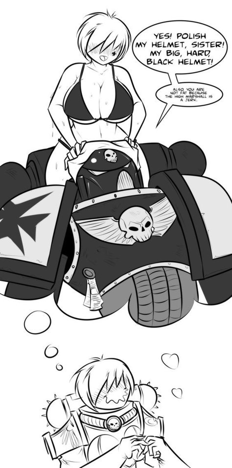 Too funny. Now they need to do the opposite with the Marine imagining the same thing but from his perspective of her fawning over his helmet. LOL. Warhammer 40k Helmet, Warhammer 40k Fanart, Black Templars 40k, Space Marine Helmet, Warhammer Heresy, Warhammer 40k Space Marine, Space Marine Art, Legend Drawing, Warhammer 40k Memes