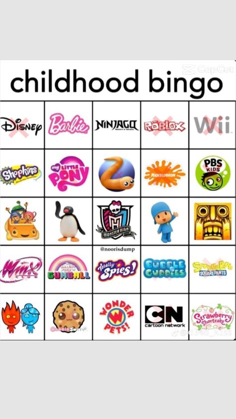 #childhood #bingo #slay #followforfollow Childhood Bingo, Cn Cartoon Network, Totally Spies, Pbs Kids, Cartoon Network, Monster High, Nickelodeon, Bingo, Wii