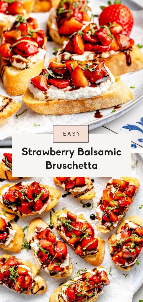 Beautiful strawberry bruschetta made with juicy, balsamic-marinated strawberries, fresh basil, and creamy ricotta all on top of toasted crostini. This delicious, easy strawberry bruschetta recipe is the perfect way to use up summer produce for a wonderful appetizer that takes just 20 minutes to make! Summer Appetizers For Party, Summer Crostini, Basil Appetizers, Marinated Strawberries, Strawberry Bruschetta, Balsamic Bruschetta, Bruschetta Appetizer, Summer Appetizers, Toasted Crostini