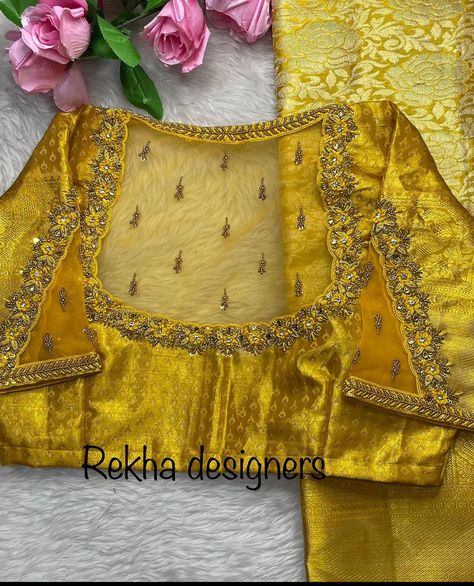 Yellow Net Blouse Design, Yellow Pattu Saree Blouse Designs, Yellow Maggam Work Blouse Designs, Gold Maggam Work Blouse Designs, Yellow Maggam Work Blouses, Yellow Blouse Maggam Work, Chamki Work, Yellow Blouse Designs, Basic Blouse Designs